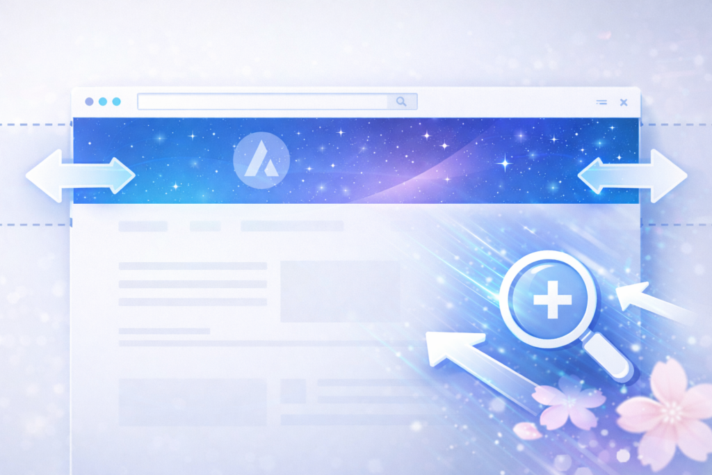 WordPressテーマ「Astra」の無料版で、ヘッダーを画面の左右いっぱいに広げるカスタマイズのイメージ画像。フルワイドデザインへの変更を象徴するウェブデザインのイラスト。