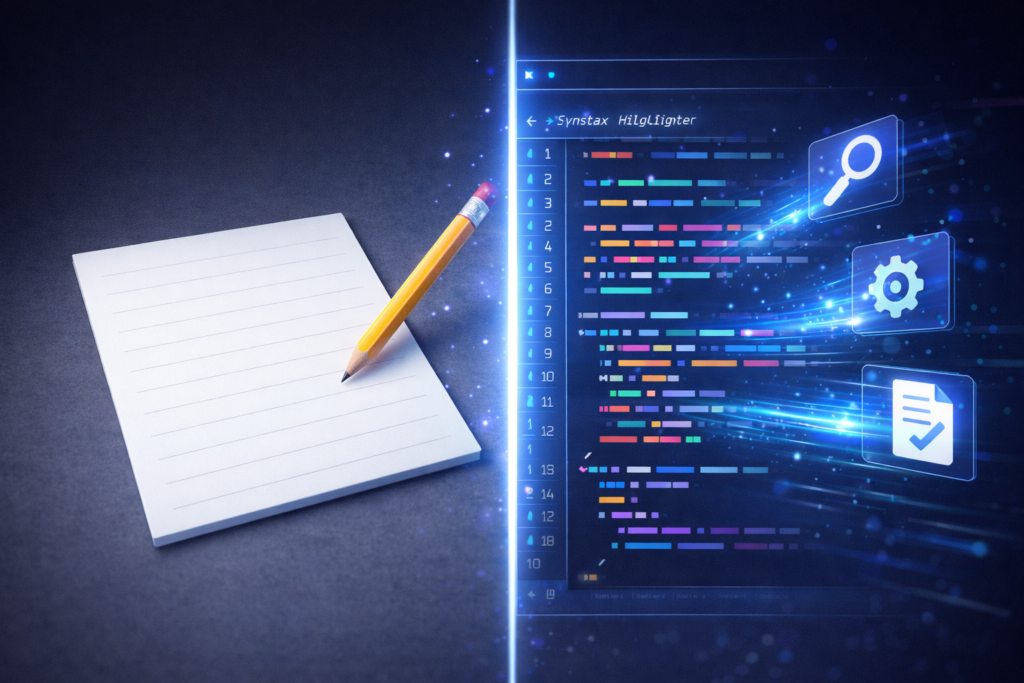 シンプルなメモ帳と、コードの色分けや行番号が表示された高機能テキストエディタを比較したイメージ画像。ソフトウェアの違いとステップアップを象徴するデザイン。