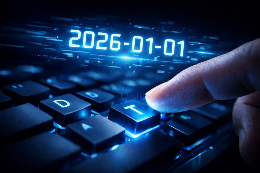 日付入力を「1秒」にする キーボード操作によって今日の日付「2026-03-11」が瞬時に入力される様子を表現したイメージ画像。作業効率化やショートカット設定を象徴するテック系のデザイン。