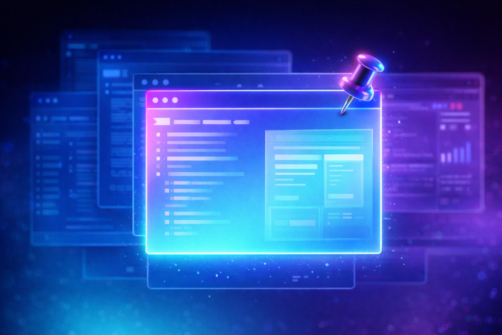 パソコンの画面上で、特定のウィンドウが一番手前にピン留めされて固定されているイメージ画像。ショートカットキーによる最前面表示の効率化を表現したデザイン。