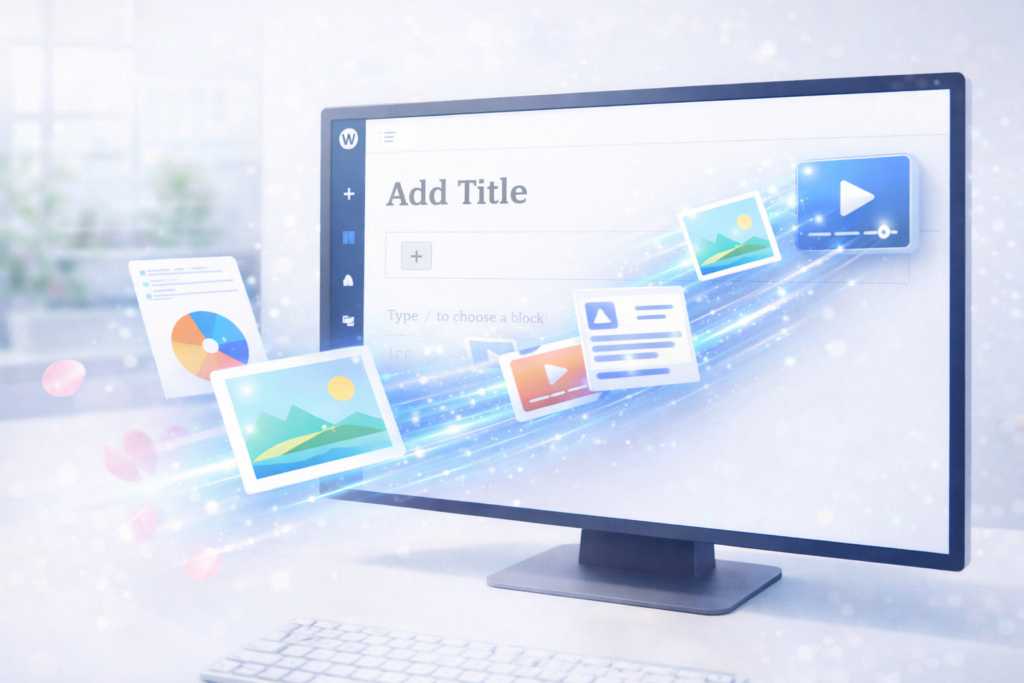 WordPressのメディアライブラリに画像や動画ファイルをアップロードしている様子を表現した3Dイラスト。ブログ記事へメディアを追加する手順のイメージ。