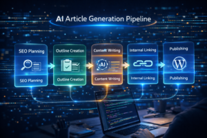 AI記事生成パイプラインの全体構造。SEO設計から本文生成までの処理フローを示す図