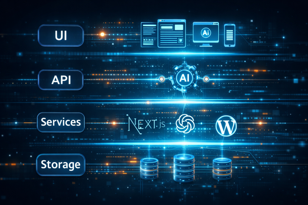UI層、API層、サービス層、ストレージ層の4レイヤーで構成されたAIブログツールのアーキテクチャ図