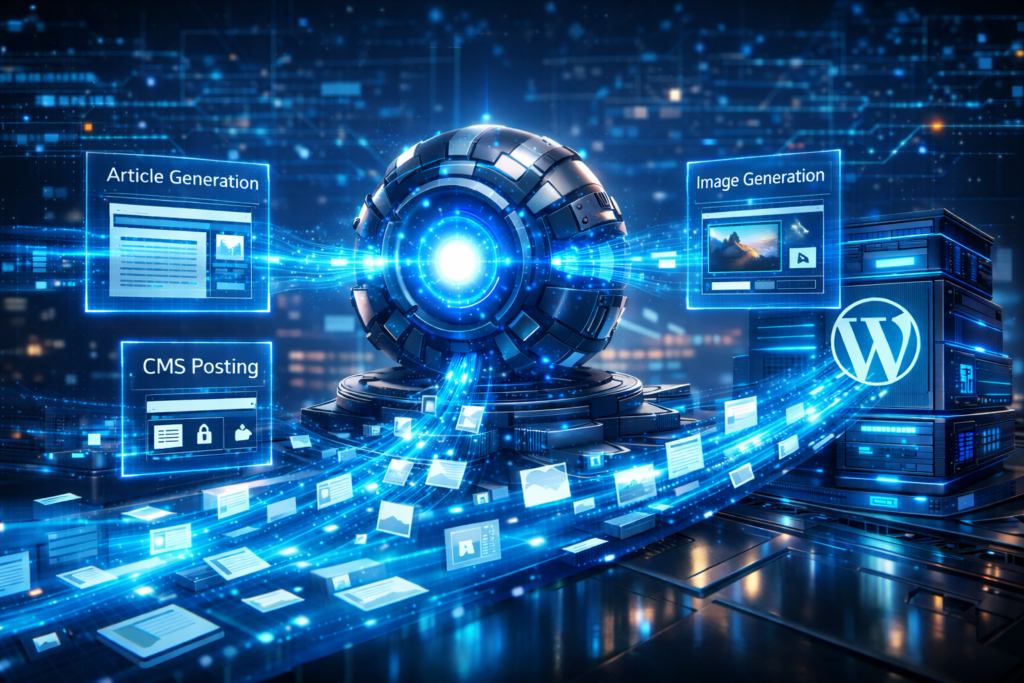 AIがブログ記事を生成しWordPressへ自動投稿する仕組みを表したコンセプトイラスト