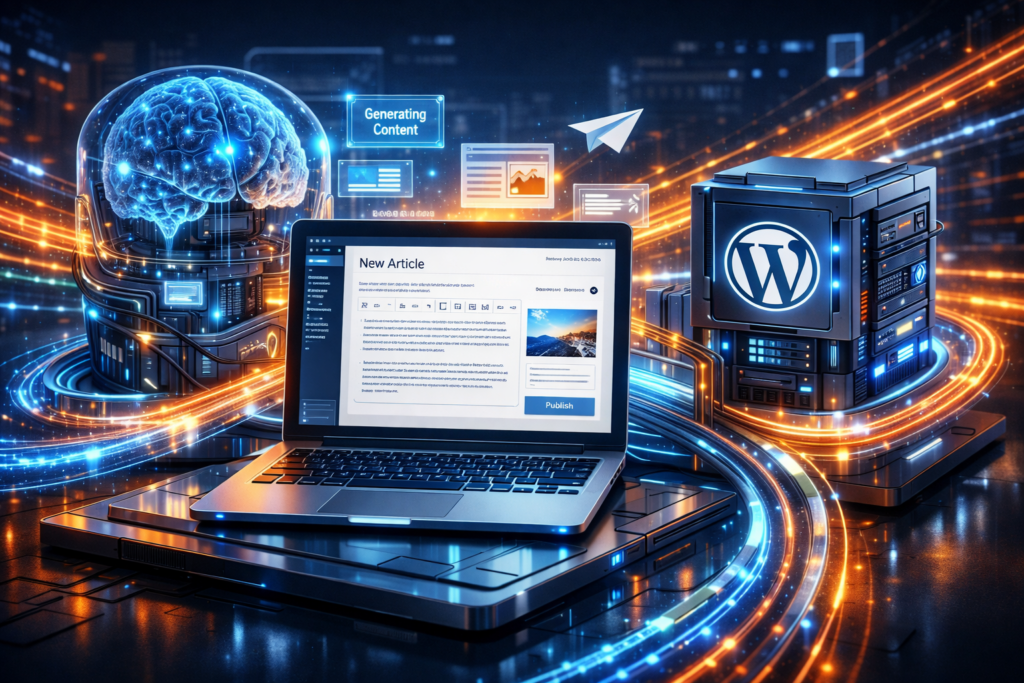 AIブログ自動生成ツールの全体イメージ。記事生成、画像生成、WordPress投稿を自動化するシステム