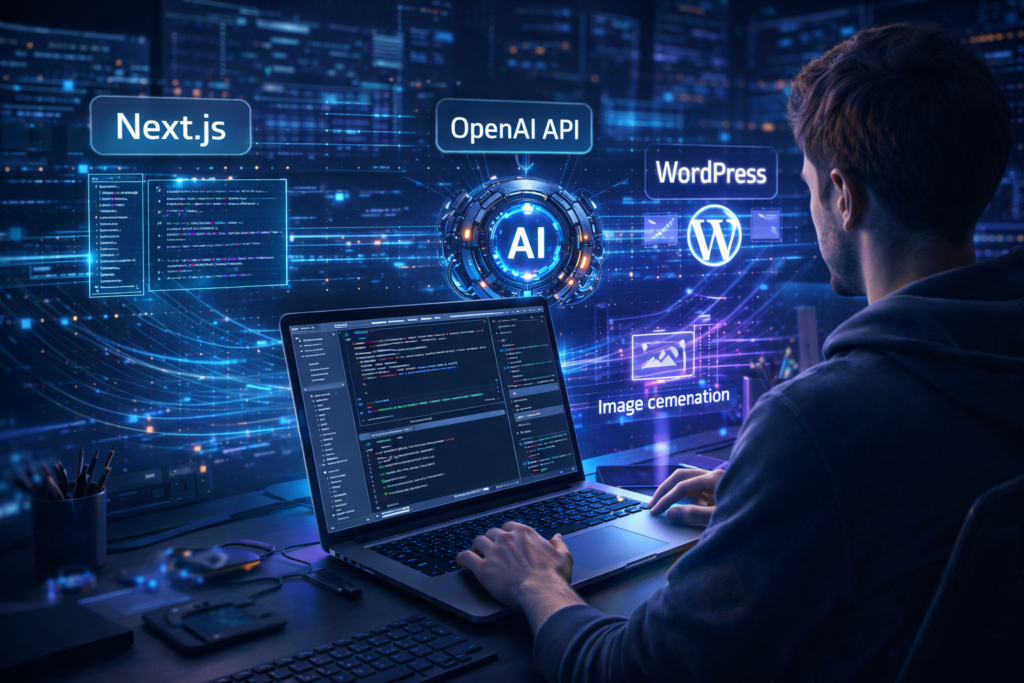 AIブログ自動生成ツールの開発環境を構築している様子。Next.js、OpenAI API、WordPress連携を設定する開発者の作業イメージ。