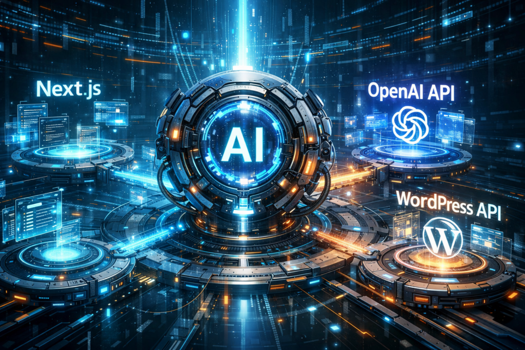 Next.js、OpenAI API、WordPress APIで構成されたAIブログ自動生成ツールのシステム構成イメージ