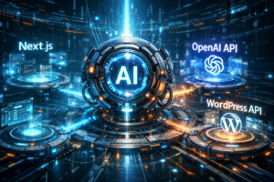 Next.js、OpenAI API、WordPress APIで構成されたAIブログ自動生成ツールのシステム構成イメージ