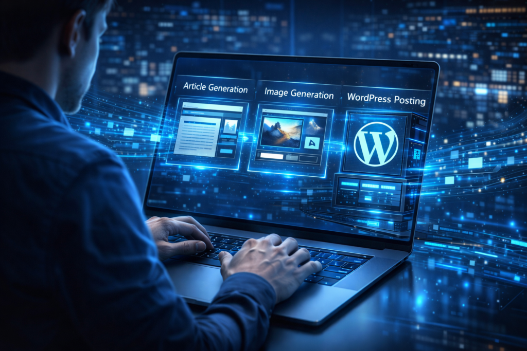 開発者がAIブログ自動生成ツールのダッシュボードを操作している未来的な作業環境