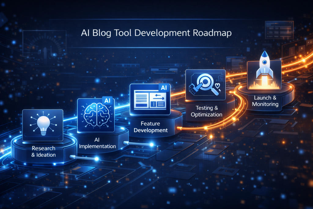 AIブログ自動生成ツールを開発するステップを示すロードマップ図