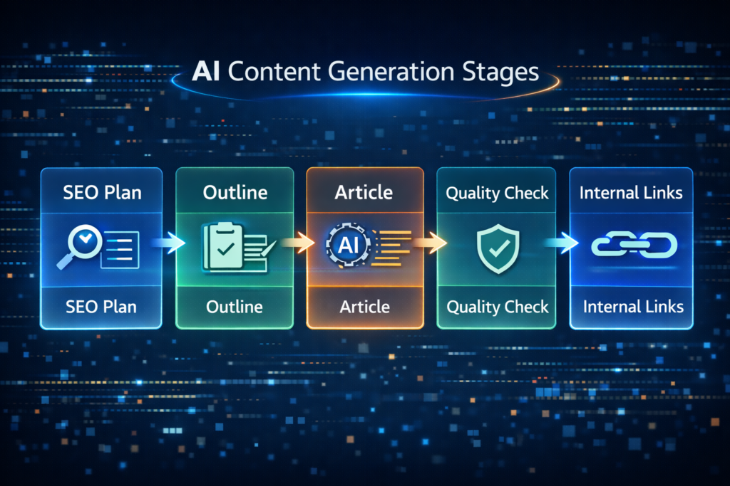 AIによる記事生成を段階的に行う処理フロー図。SEO設計、アウトライン、本文生成の順序を説明