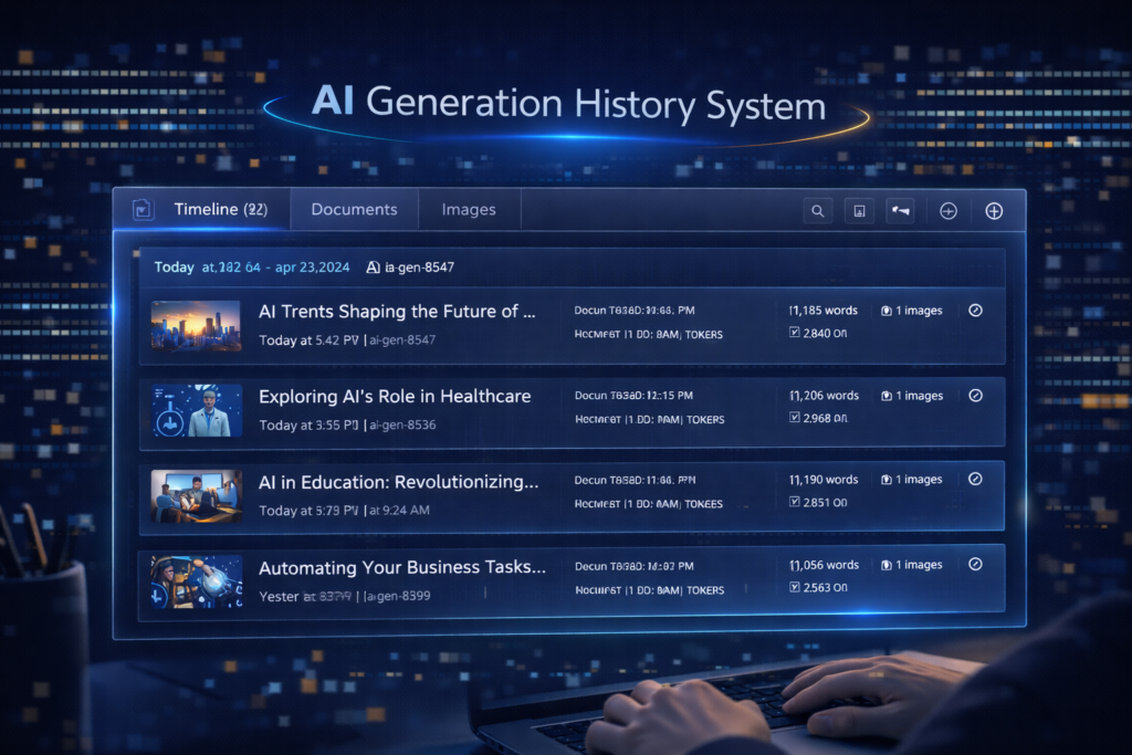 AI記事生成ツールの履歴管理システムを示す概念図