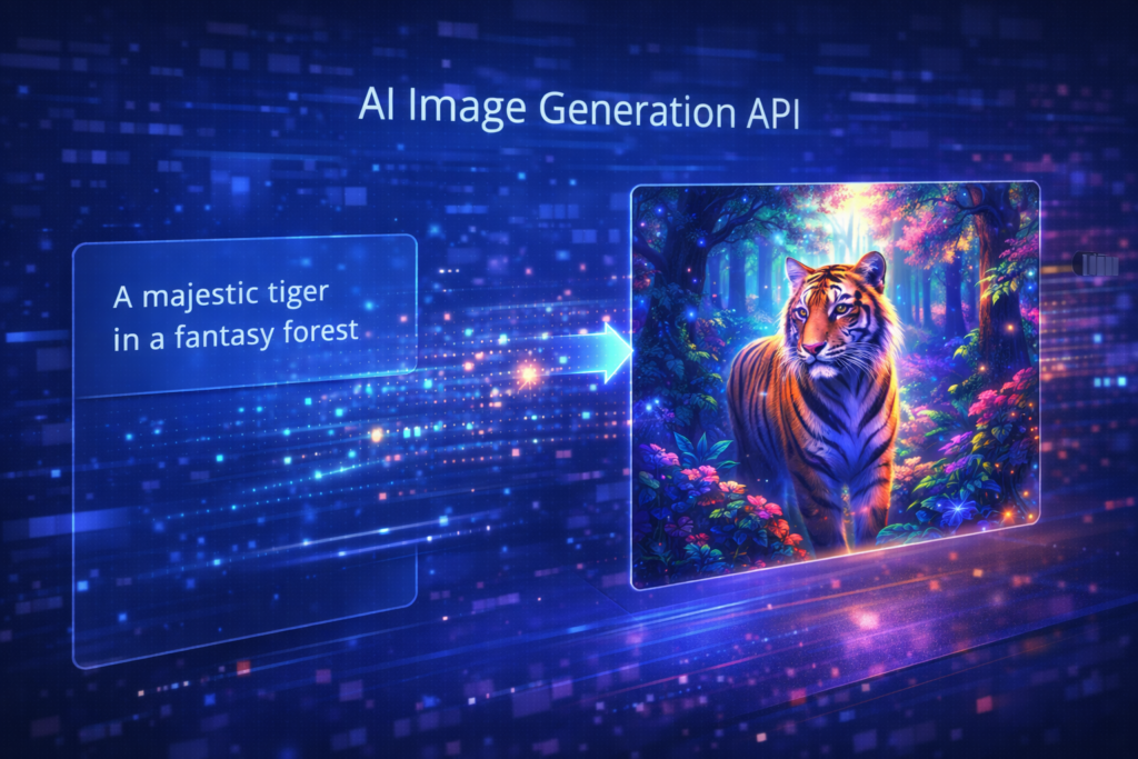 AI画像生成APIがテキストからイラストを生成する様子のコンセプトイメージ