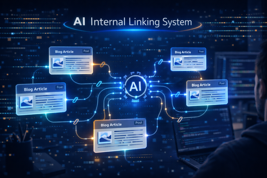 AI記事生成システムで内部リンクを自動生成する仕組みを示す図