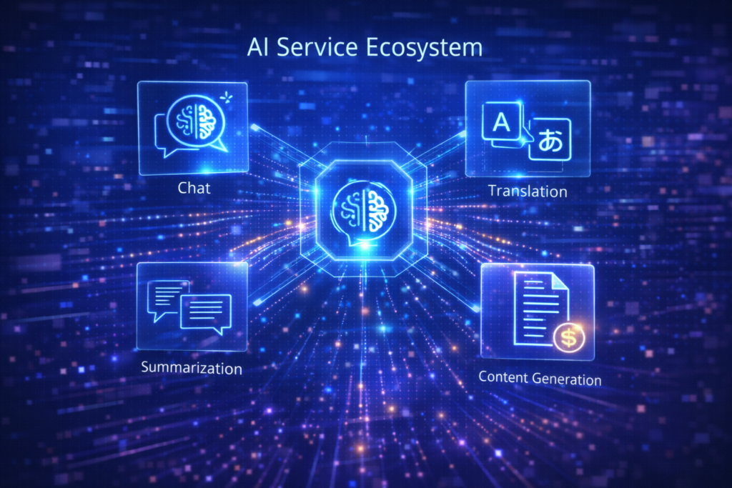 AIチャット、翻訳、文章生成など様々なAIサービスが連携するエコシステムを表現したテックインフォグラフィック