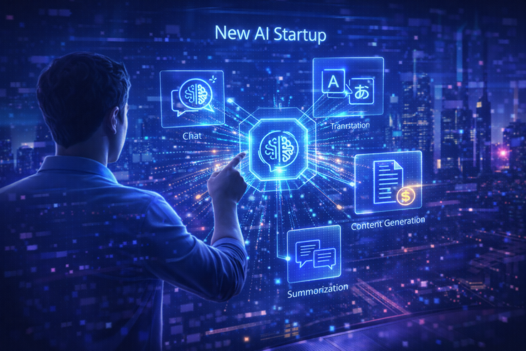 個人開発者がAIサービスを設計しスタートアップを立ち上げる様子を表現したシネマティックな3Dイラスト