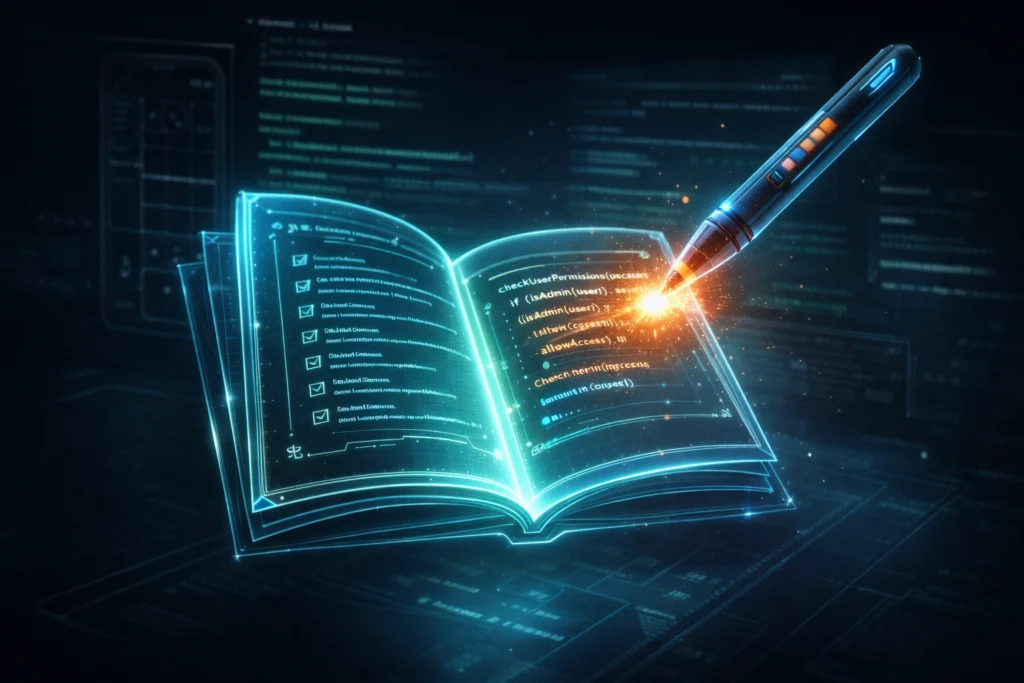 暗い部屋に浮遊する、透明なデジタルの設計図（ルールブック）の核心部分に、光り輝く高度なデジタルスタイラス（ペン）が新しいシステム命令コードを書き込んでいる、ネオングリーンのアクセントが効いた近未来的なビジュアル。