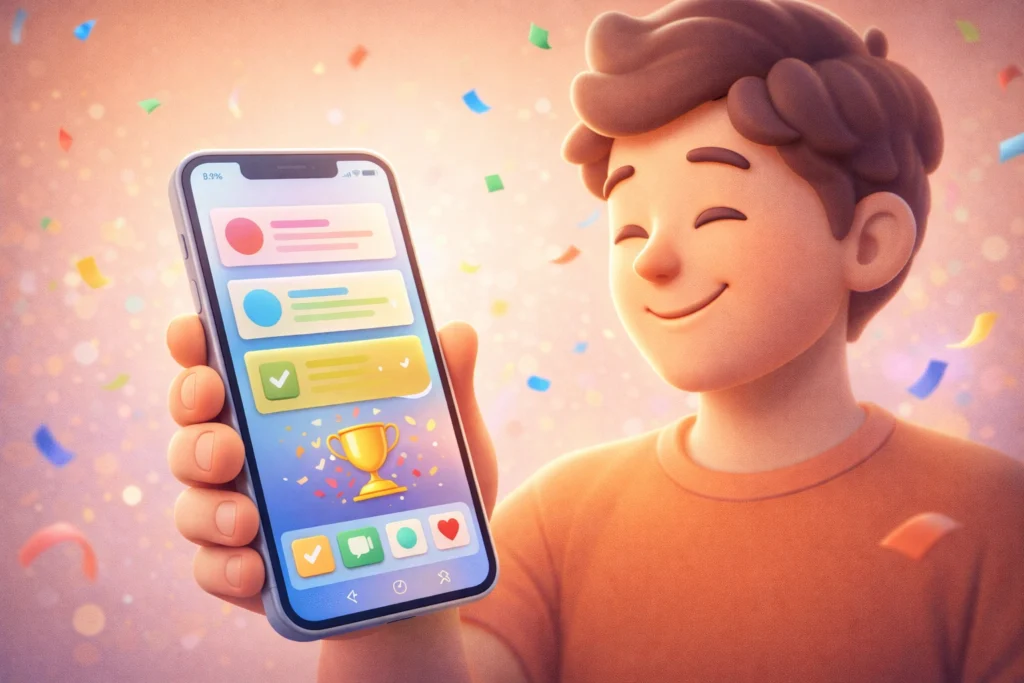 開発者が自分の作ったアプリがスマホで動いているのを見て喜んでいる、温かみのあるイラスト。背景には成功を祝う紙吹雪が舞っている。