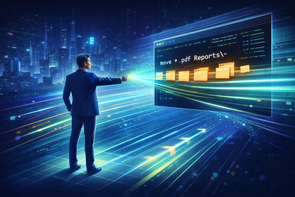 business-efficiency-with-command-prompt コマンドプロンプトを使って大量のファイルを一瞬で整理し、ビジネスで業務効率化を実現しているイメージ画像。