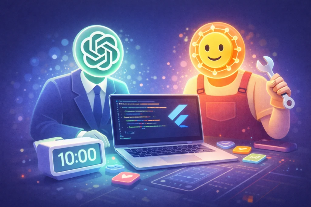 軍師役のChatGPTと職人役のClaudeが協力して、一人の開発者をサポートしながらアプリを構築しているイメージのデジタルアート。