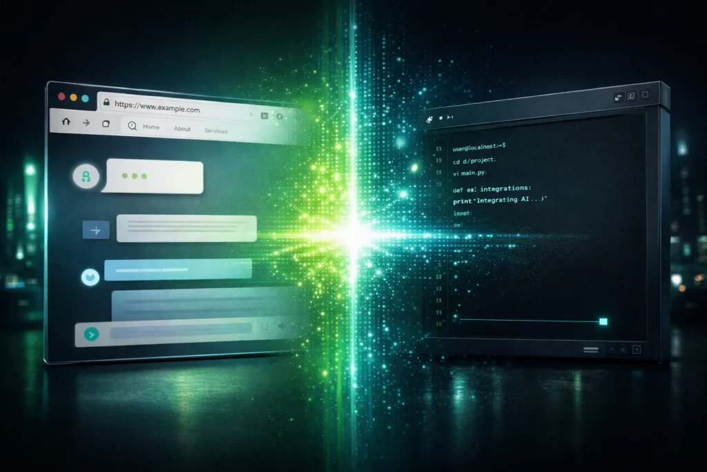 cli-vs-web-editor-comparison 左側に明るいブラウザのチャット画面、右側に黒いターミナル(コマンドライン)の画面が対比され、その間を光るデータストリームが繋いでいる、近未来的な開発環境の比較イメージイラスト。