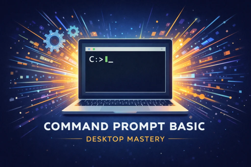 command-prompt-beginners-guide Windowsコマンドプロンプトの基本的な使い方を解説するアイキャッチ画像。黒い画面に白い文字と、操作する人物のイラスト。