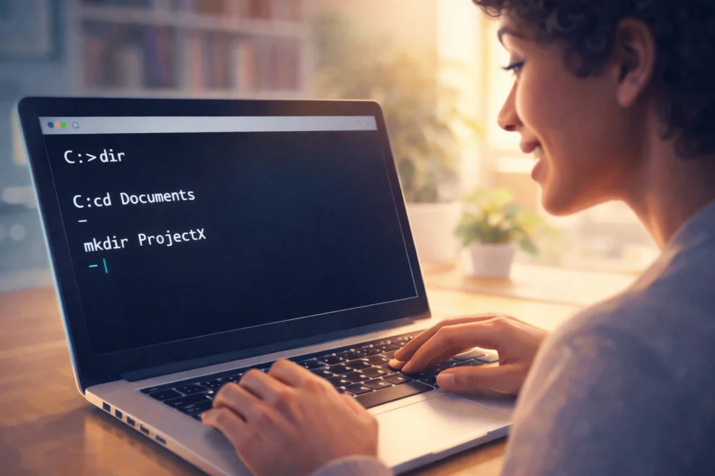 how-to-use-cmd-commands パソコンの画面に表示されたコマンドプロンプト(dirコマンドの結果)と、それを笑顔で操作する初心者ユーザーのイラスト。