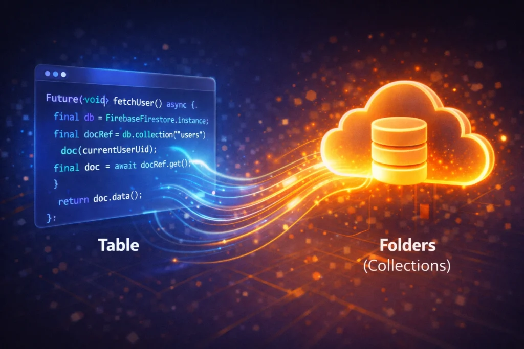Dartのコード（テキスト）とFirebaseのクラウドアイコンが、歯車のように噛み合ってスムーズに動いている様子を表現したイメージ画像。