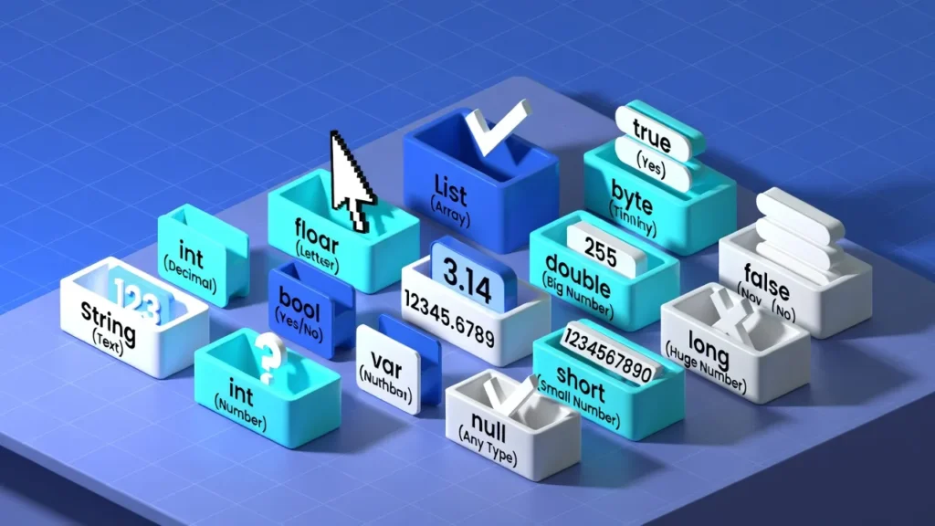 dart-variables-concept An isometric digital illustration explaining programming variables. Several colorful boxes are shown on a clean desk, each labeled with a data type like 'String (Text)', 'int (Number)', and 'bool (Yes/No)'. Each box contains a representative object. The style is consistent with the previous blue/cyan tech theme. 16:9 aspect ratio, clean and educational.