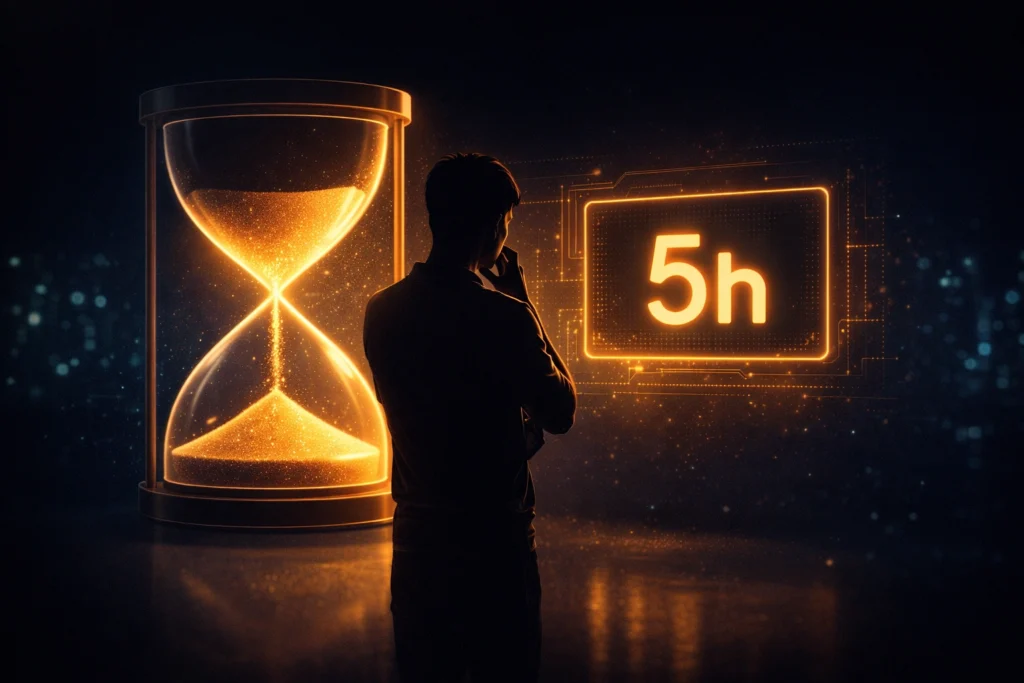 developer-usage-limit-hourglas デジタルの砂時計やタイマーが「5h(5時間)」を指しており、その前で開発者が腕を組んで、もどかしそうに画面を見つめている様子を表現した、スタイリッシュな警告イメージ。