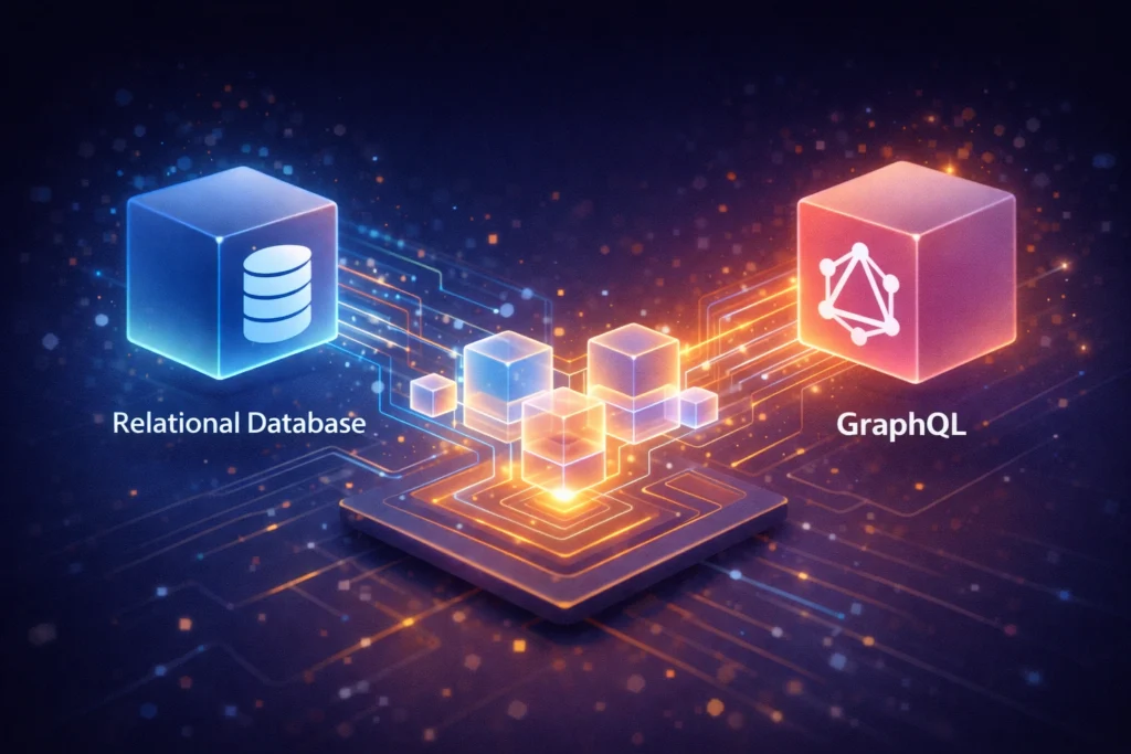 firebase-data-connect-modern 複雑なデータの繋がりをスムーズに整理・接続する様子を描いた、Firebase Data Connectとデータベース連携を象徴するモダンな抽象イラスト。