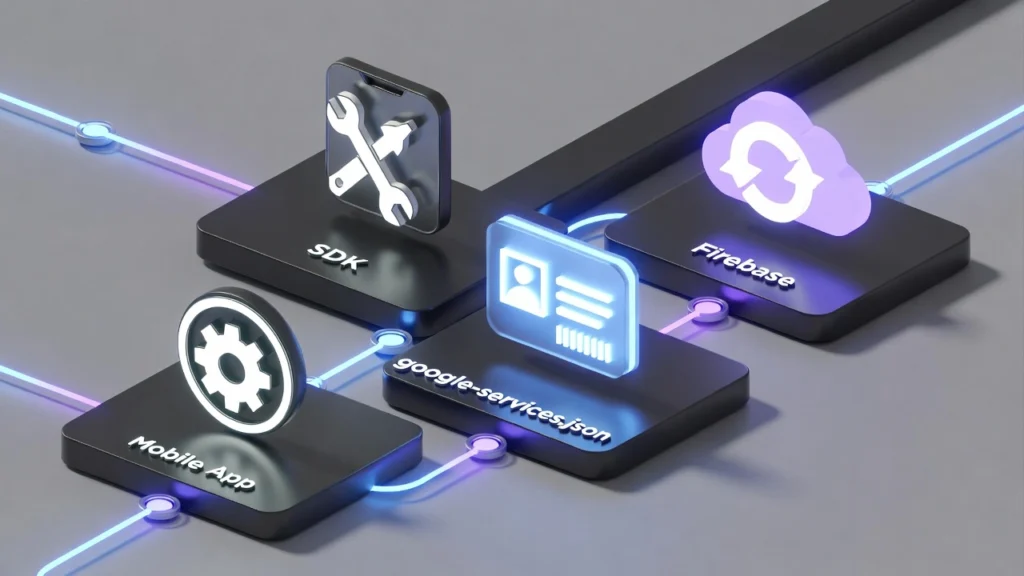 flutter-firebase-structure-concept Flutterアプリがgoogle-services.jsonを通じてFirebaseに接続する仕組みの概念図