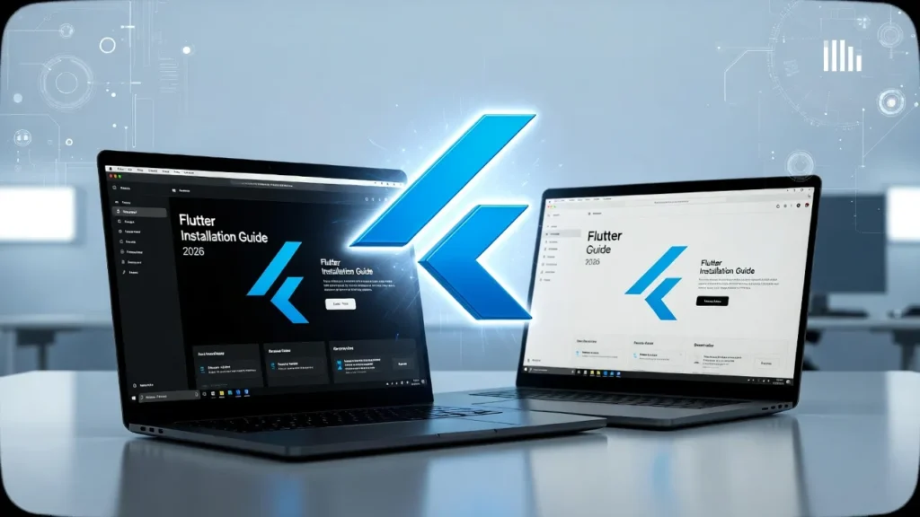 WindowsとMacのパソコンが並び、中央にFlutterのロゴが浮いている環境構築ガイドのイメージ