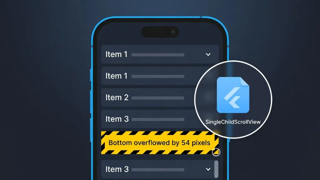 スマホ画面の右下に黄色と黒の縞模様（オーバーフロー警告）が出ている図解