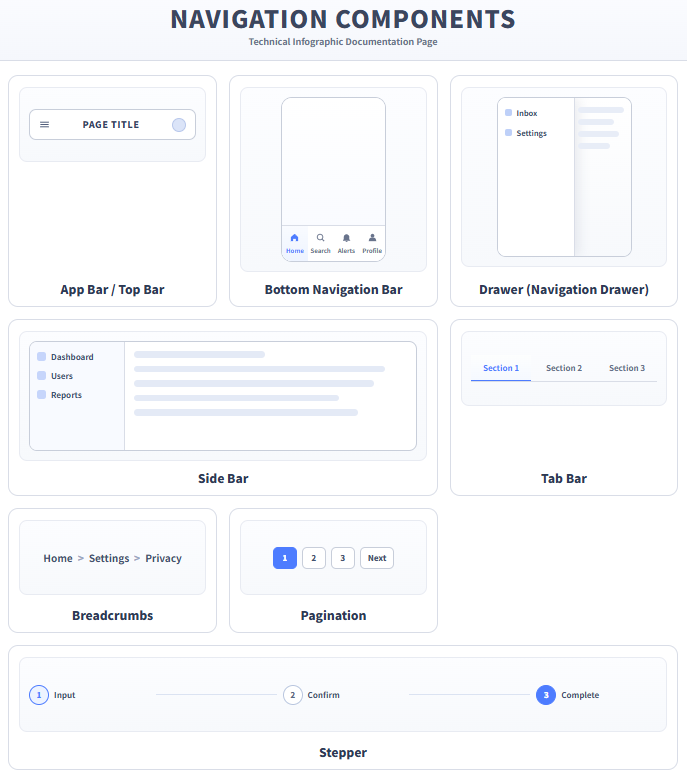 UIデザインにおける各種ナビゲーション系コンポーネントの包括的な図解。App Bar/Top Bar（画面上部のタイトルエリア）、Bottom Navigation Bar（スマホの画面下部メニュー）、Drawer（画面端からスライドするメニュー）、Side Bar（PCの左側固定メニュー）、Tab Bar（コンテンツ切り替えタブ）、Breadcrumbs（現在地表示パス）、Pagination（ページ切り替えボタン）、Stepper（ステップ進行表示）の計8種類が、それぞれの名称と共に、整理されたグリッド形式でミニマルな2Dベクターで描かれている。