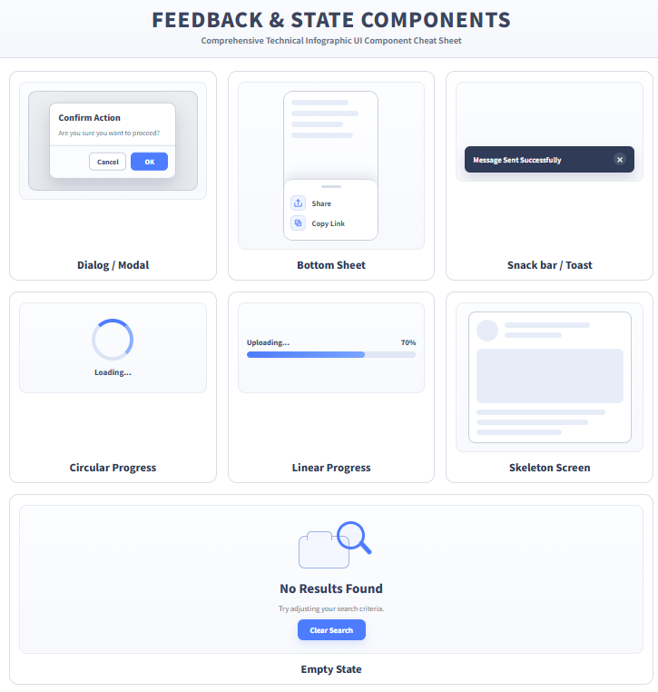 UIデザインにおける「フィードバック・状態系（Feedback）」の包括的な図解。整理されたグリッド配置で、Dialog/Modal（確認窓、OK/Cancelボタン）、Bottom Sheet（画面下からのパネル）、Snack bar/Toast（画面下部のメッセージ）、Circular Progress（読み込み中アイコン）、Linear Progress（進捗バー）、Skeleton Screen（読み込み中のコンテンツの影）、Empty State（データがない時のイラストと説明）の計7種類が、それぞれの名称と共にミニマルな2Dベクターで描かれている。