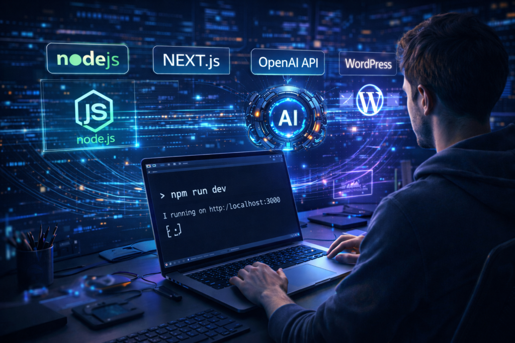 AIブログ自動生成ツールをローカル環境で起動する開発フローのイメージ。Node.js、Next.js、OpenAI APIを使った開発環境の概念図。