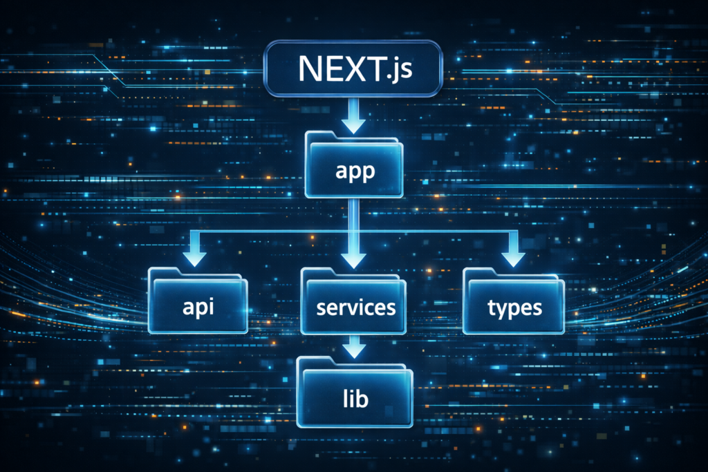 Next.jsプロジェクトのディレクトリ構造を示す図。app、api、services、types、libフォルダの役割を説明するアーキテクチャ図。