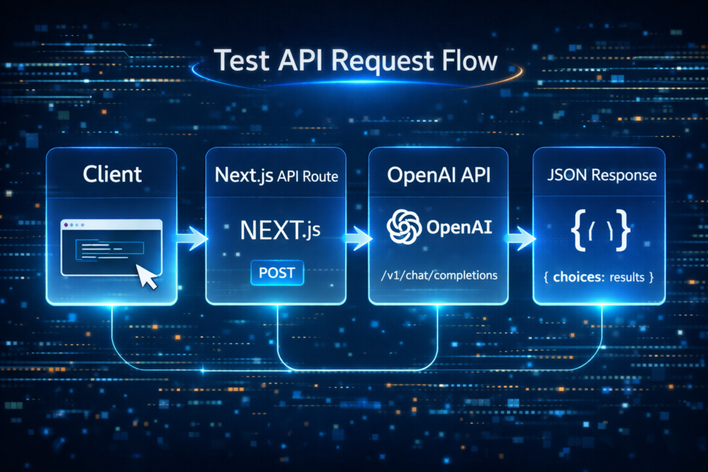 OpenAI API疎通確認のリクエストフローを示す図。Next.jsサーバーからOpenAI APIへ通信する流れ
