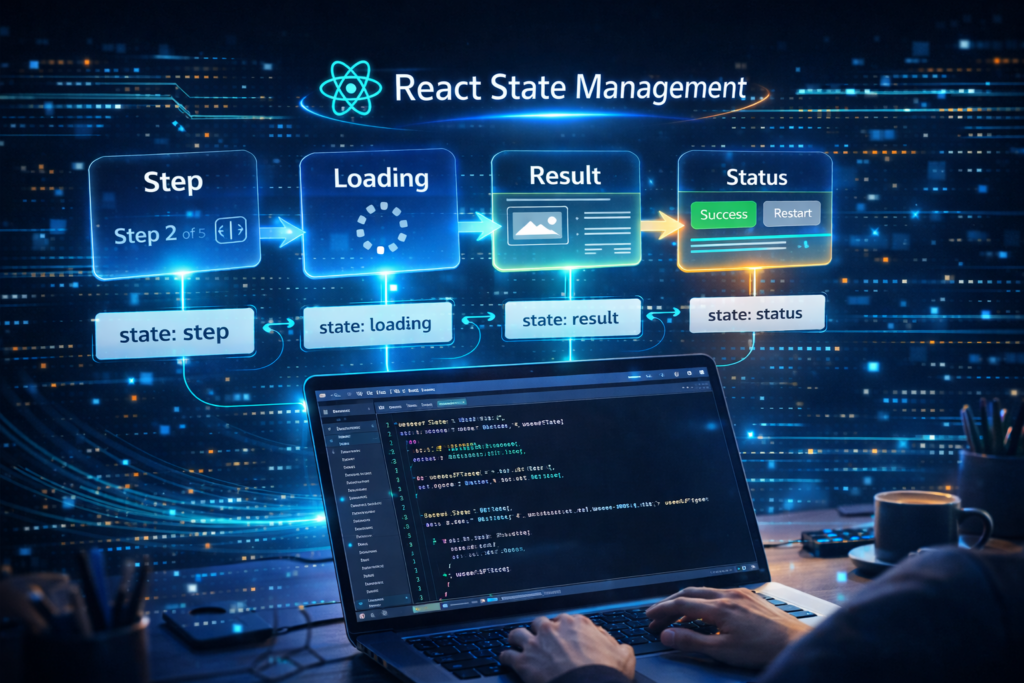 ReactのuseStateを使ってAIブログツールのUI状態管理を行う概念図