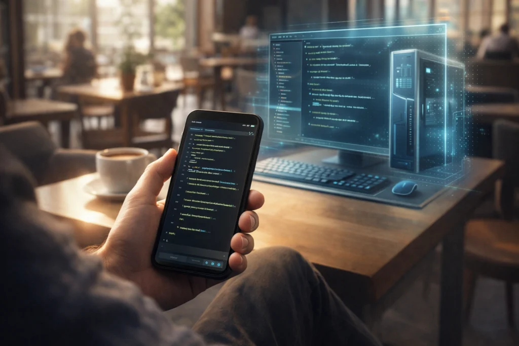 remote-mobile-coding-lifestyle 外出先のカフェで、スマートフォンから自宅のPCにあるコードを遠隔操作して開発を進めている、自由な開発スタイルを感じさせる近未来的なイラスト。