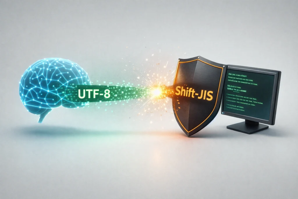 「UTF-8」と書かれた緑色のデータを送信する洗練されたAIの脳と、「Shift-JIS」と書かれたオレンジ色の盾でデータを受信しようとする旧式のデスクトップ端末との間で、データの不一致が起き、中央で混乱のスパークが発生している様子を描いた、クリーンでモダンな3Dインフォグラフィックイラスト。