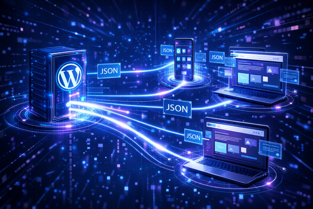 WordPressサイトと外部アプリがREST APIでデータ通信しているイメージ