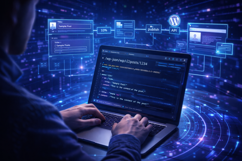 開発者がWordPress REST APIを使って記事投稿システムを開発しているイメージ