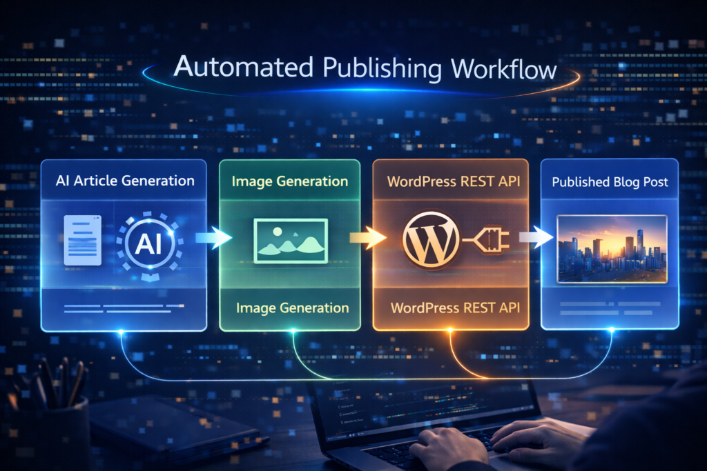 AI記事生成からWordPress投稿までの自動化フロー図