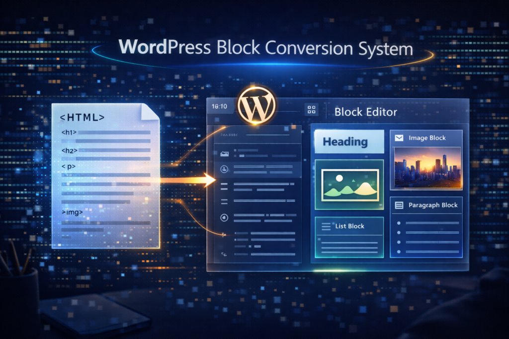 HTML記事をWordPressブロック形式へ変換する処理フローの図